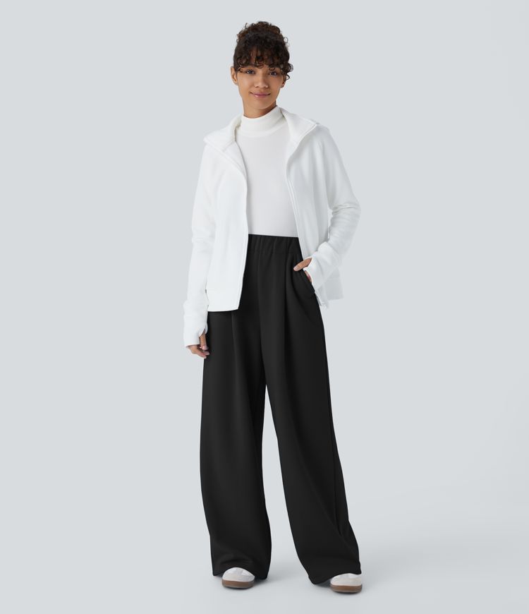 Pantalón polar tiro alto bolsillo lateral pierna ancha