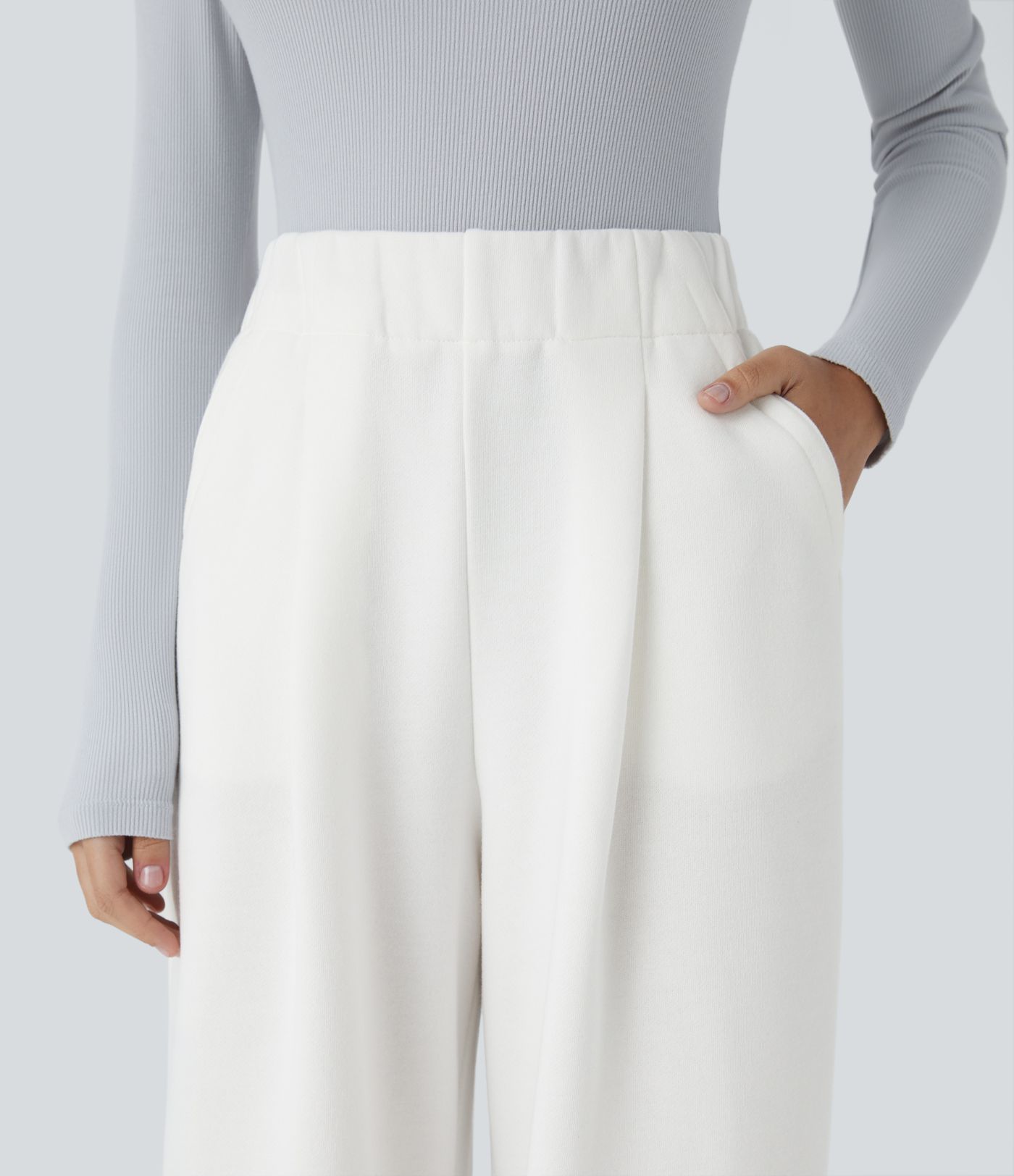 High Waisted Side Pocket Wide Leg Fleece Casual Pants