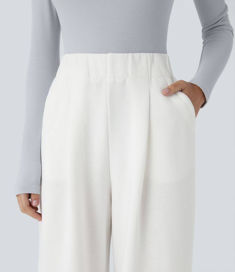 Pantalon Casual Thermique Taille Haut Jambes Larges Poche Latérale Plissée en Fleece 