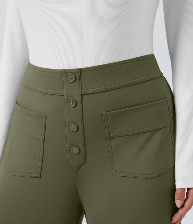 Softlyzero™ Plush Thermal High Waisted Button Multiple Pockets Straight Leg Casual Plus Size Trousers