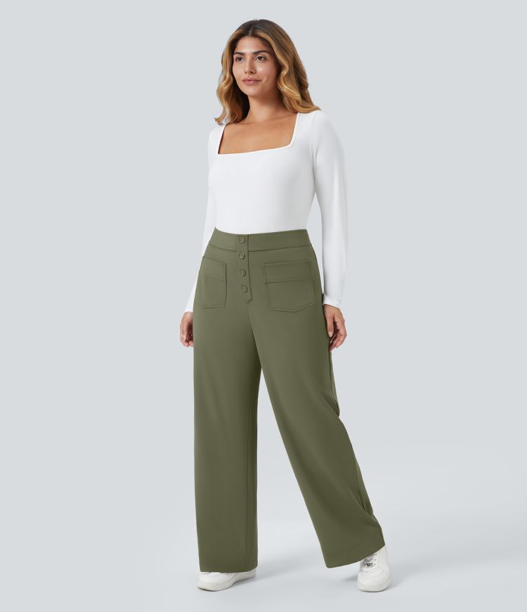 Softlyzero™ Plush Thermal High Waisted Button Multiple Pockets Straight Leg Casual Plus Size Trousers