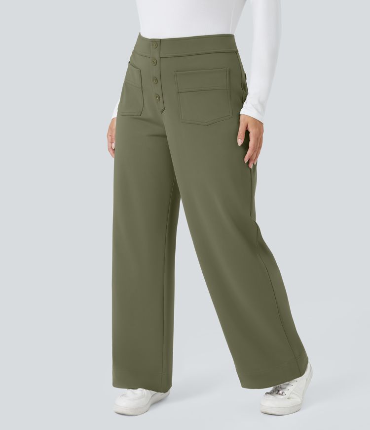Softlyzero™ Plush Thermal High Waisted Button Multiple Pockets Straight Leg Casual Plus Size Trousers