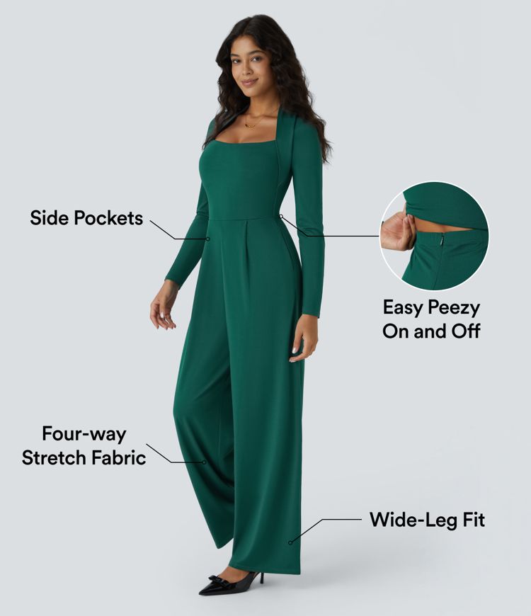 Long Sleeve Pocket Wide Leg Jumpsuit-Easy Peezy