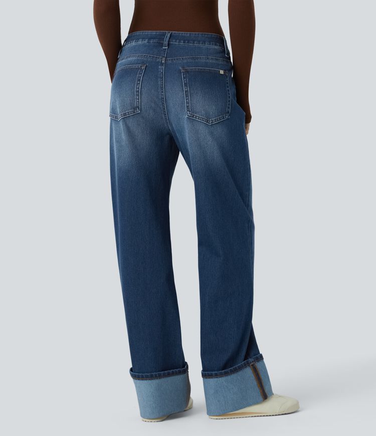 Halara Flex™ Low Rise Button Zipper Multiple Pockets Washed Stretchy Knit Casual Boyfriend Jeans