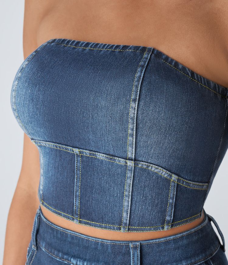 Halara Flex™ Top Bandeau Casual Skinny en Denim Tricot Extensible Délavé