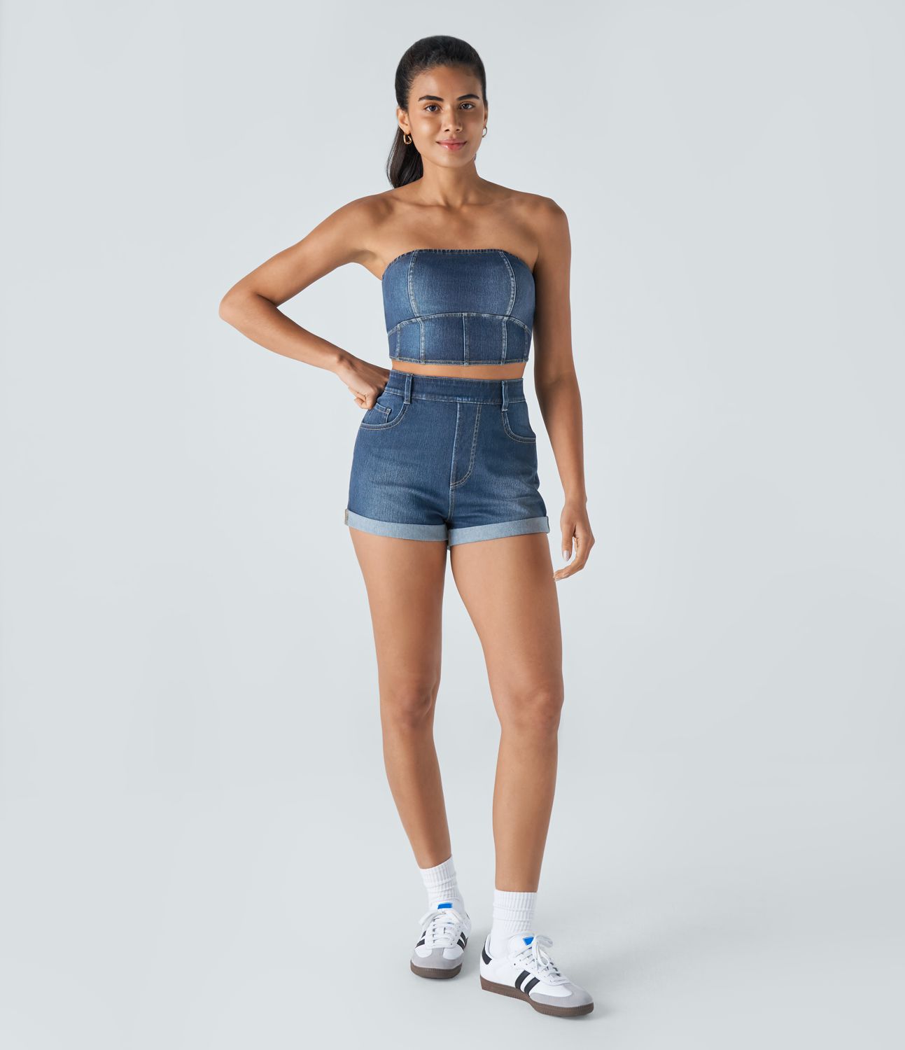 Halara Flex™ Skinny Washed Stretch Knit Denim Casual Tube Top