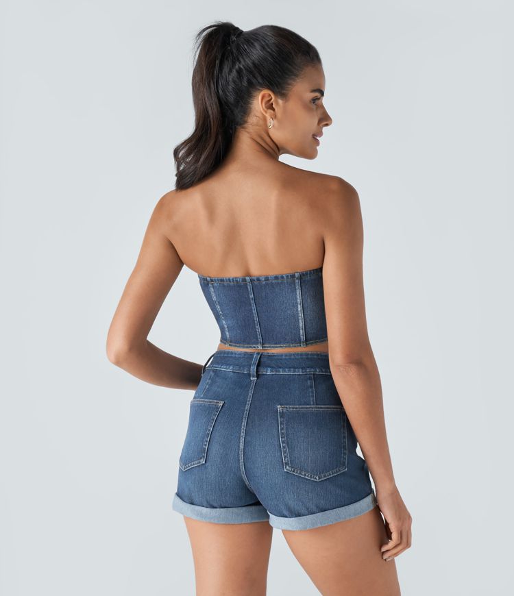 Halara Flex™ Top Bandeau Casual Skinny en Denim Tricot Extensible Délavé