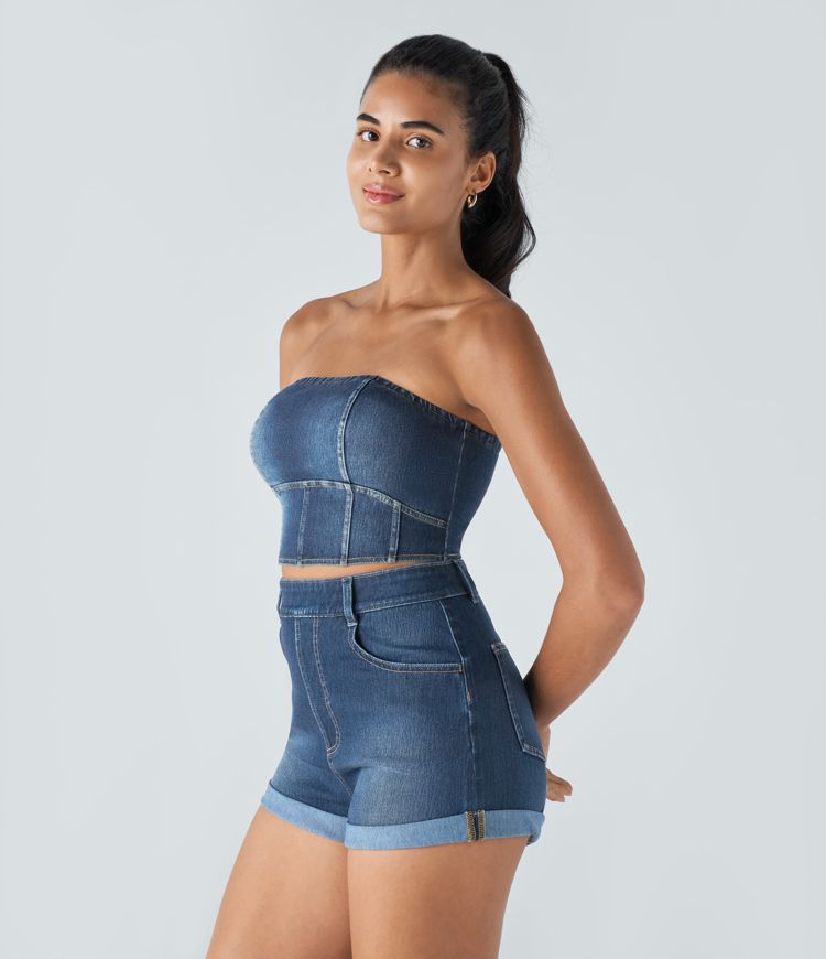 Halara Flex™ Top Bandeau Casual Skinny en Denim Tricot Extensible Délavé