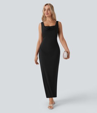 Long, fitted, sleeveless party dress with a gathered turn-neck and turtleneck.