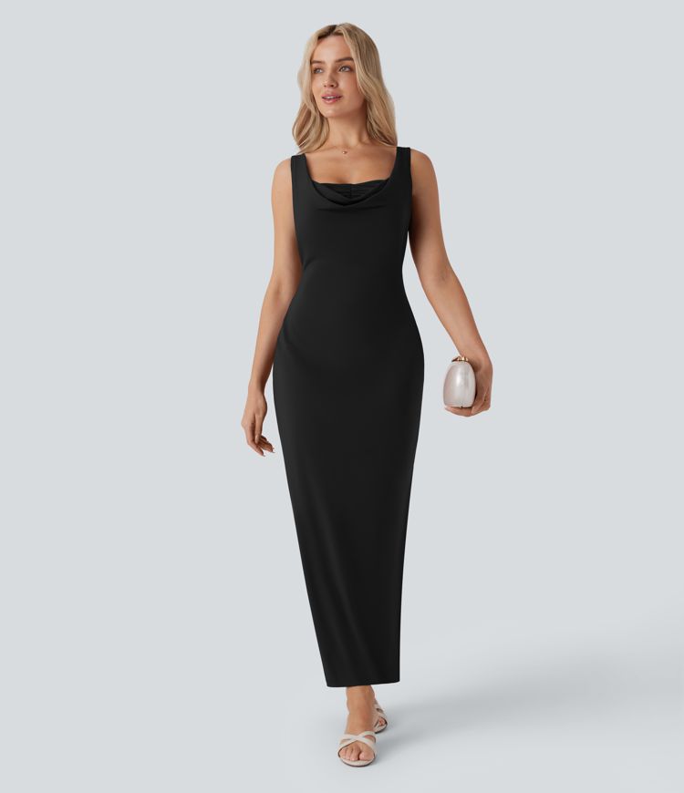 Long, fitted, sleeveless party dress with a gathered turn-neck and turtleneck.