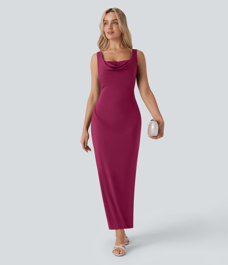 Vestido fiesta largo ajustado cuello vuelto fruncido sin mangas