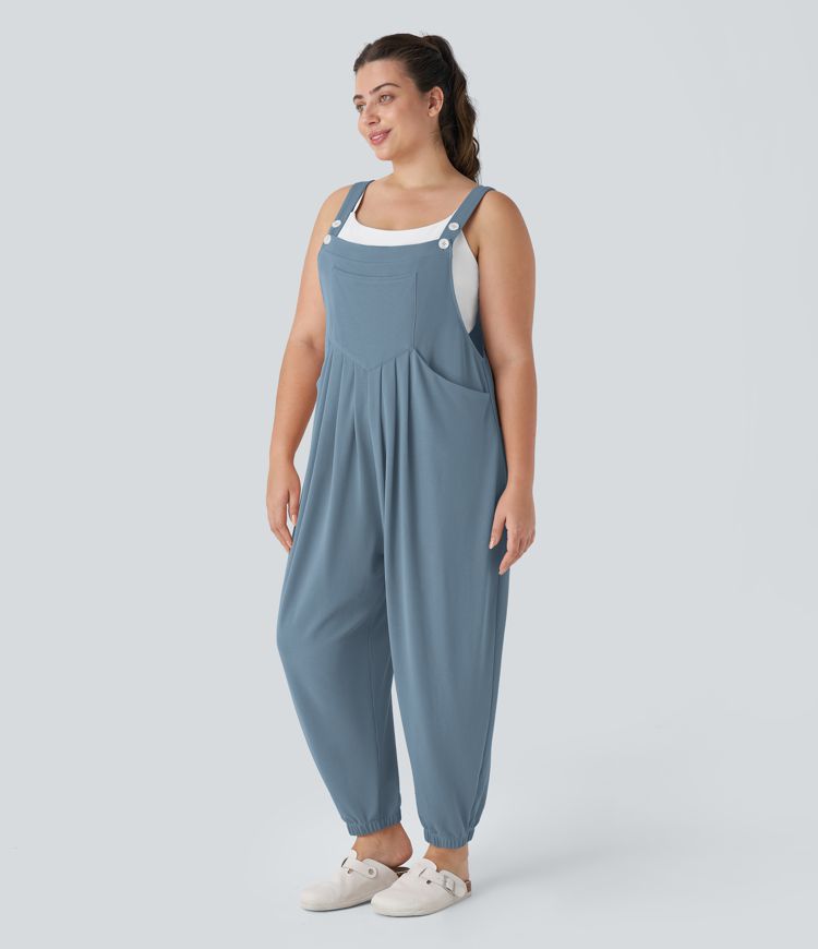 Adjustable Strap Button Multiple Pockets Plicated Waffle Casual Plus Size Jogger Overalls