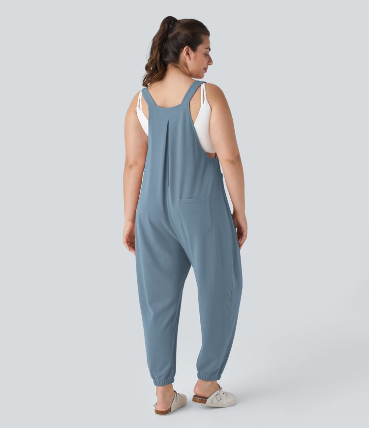 Adjustable Strap Button Multiple Pockets Plicated Waffle Casual Plus Size Jogger Overalls