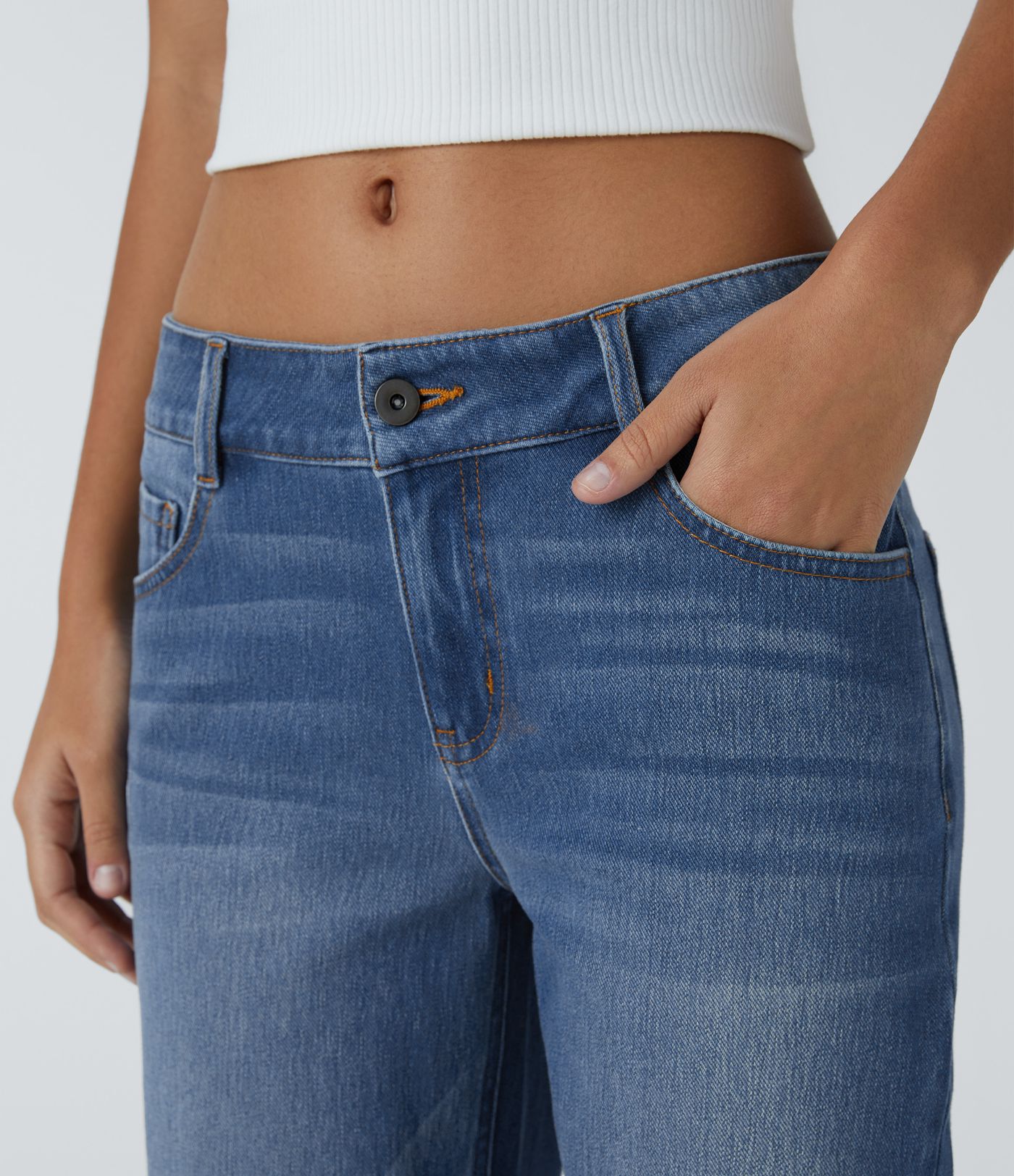 Halara Flex™ Niedrige Bundhöhe Reißverschlusstaschen Gerade Beine Gewaschene Lässige Jeans