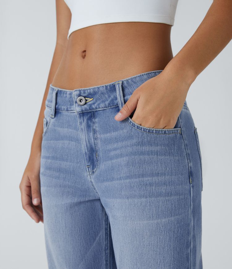 Halara Flex™ Low Rise Zipper Pockets Straight Leg Washed Casual Jeans