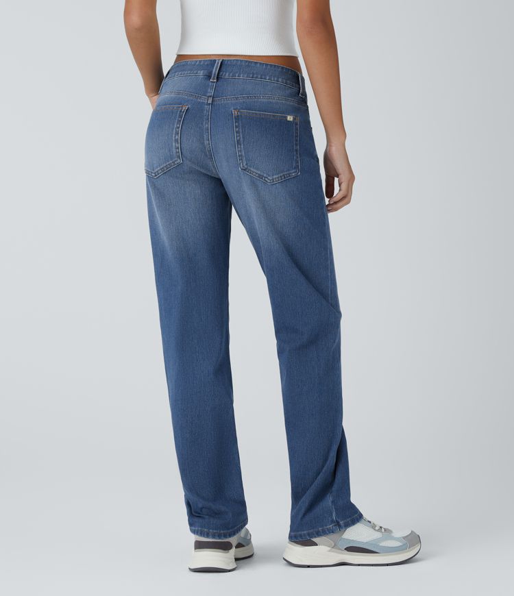 Jeans Halara Flex™ Denim elástico lavado pierna recta cierre botón múltiple bolsillo tiro bajo