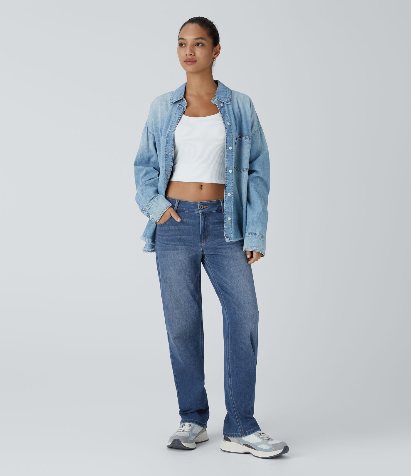 Halara Flex™ Niedrige Bundhöhe Reißverschlusstaschen Gerade Beine Gewaschene Lässige Jeans