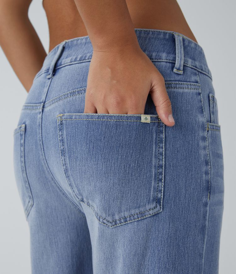 Halara Flex™ Low Rise Zipper Pockets Straight Leg Washed Casual Jeans