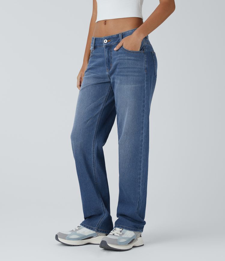 Jeans Halara Flex™ Denim elástico lavado pierna recta cierre botón múltiple bolsillo tiro bajo