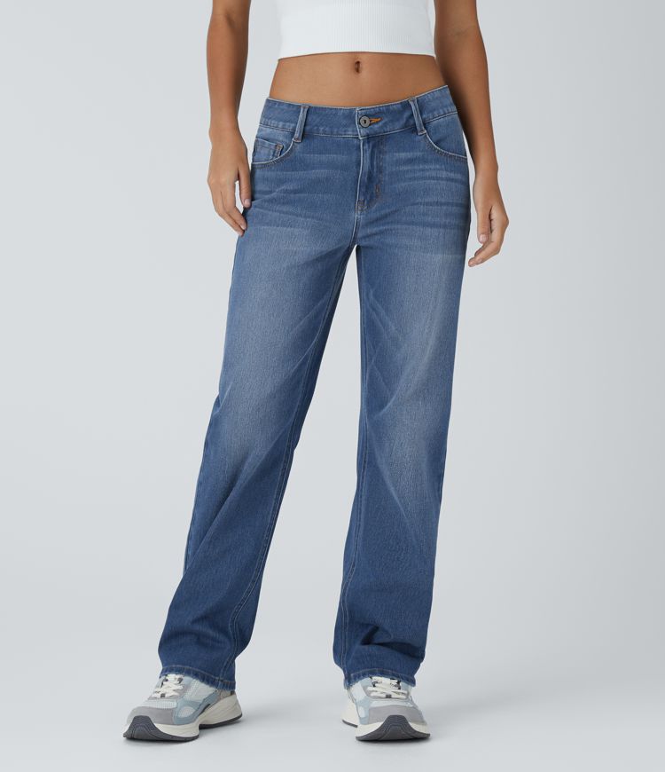 Jeans Halara Flex™ Denim elástico lavado pierna recta cierre botón múltiple bolsillo tiro bajo