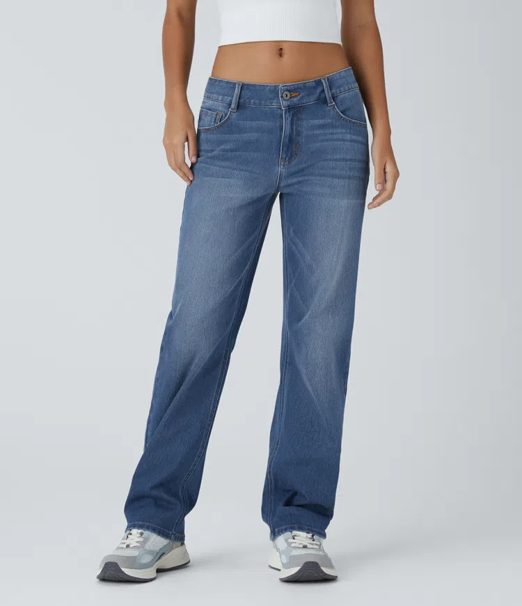 Halara Flex™ Low Rise Zipper Pockets Straight Leg Washed Casual Jeans