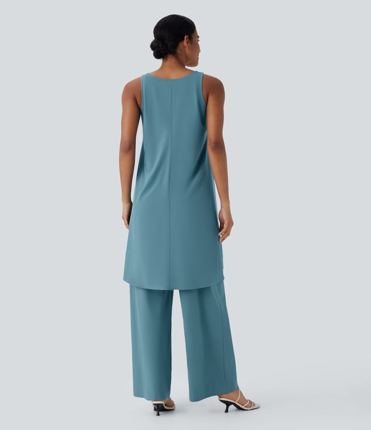 Breezeful™ V Neck Crossover Ruffle Hem Flowy High Low Longline Quick Dry Resort Tank Vest Top