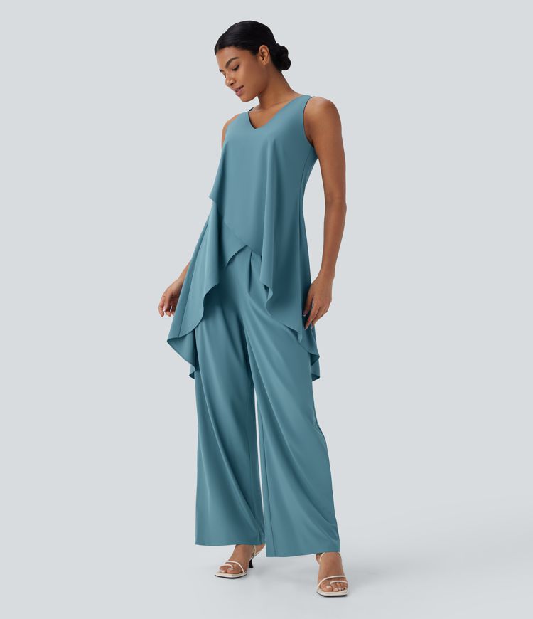 Breezeful™ V Neck Crossover Ruffle Hem Flowy High Low Longline Quick Dry Resort Tank Vest Top