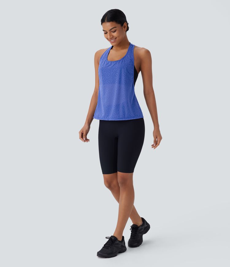 Camiseta entrenamiento sin mangas espalda cruzada transparente estampado leopardo jacquard