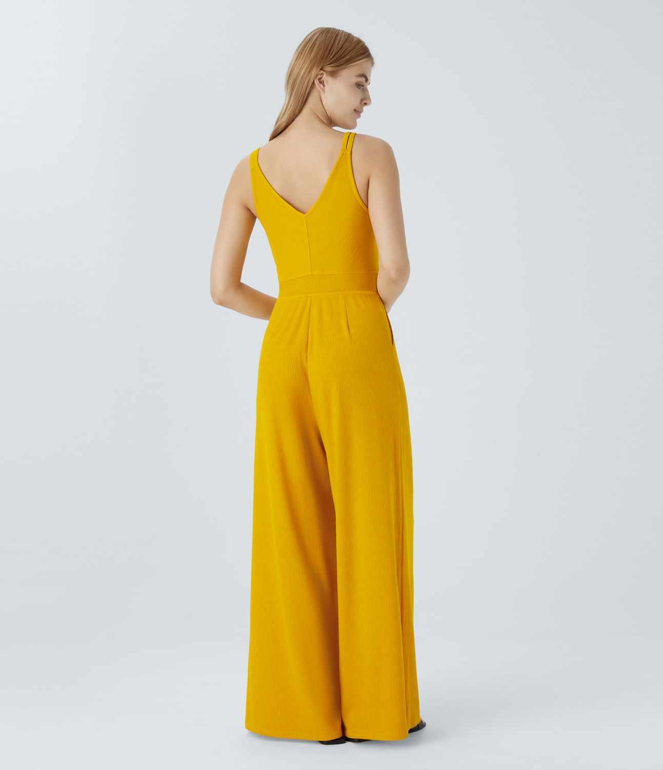 Double strap V-neck button side pocket wide casual jumpsuit