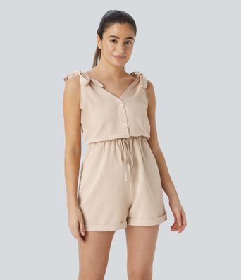 Decorative Drawstring Pocket Casual Linen-Feel Jumpsuit