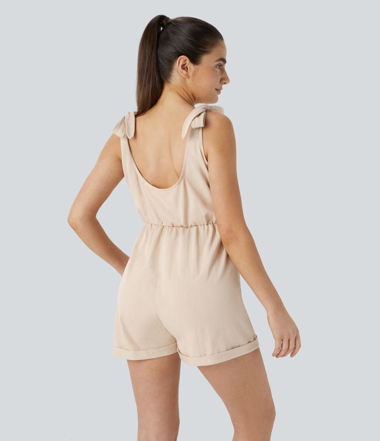 Decorative Drawstring Pocket Casual Linen-Feel Jumpsuit
