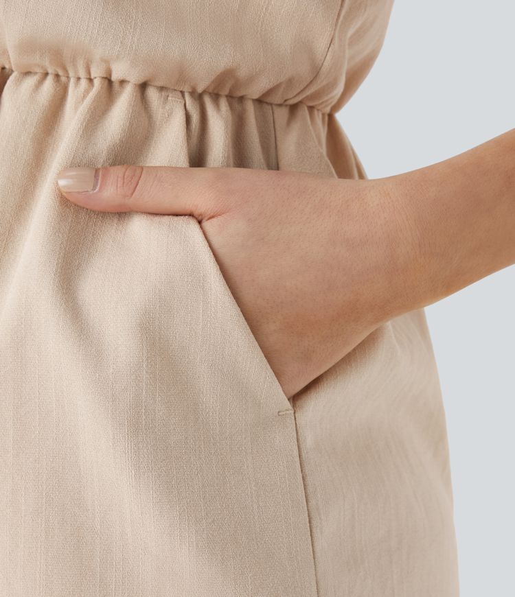 Decorative Drawstring Pocket Casual Linen-Feel Jumpsuit