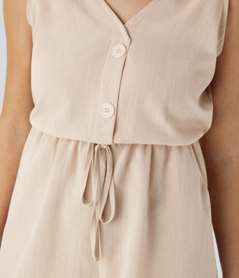 Decorative Drawstring Pocket Casual Linen-Feel Jumpsuit