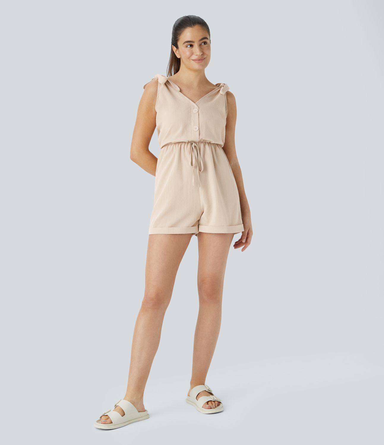 Decorative Drawstring Pocket Casual Linen-Feel Jumpsuit