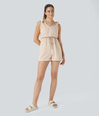 Decorative Drawstring Pocket Casual Linen-Feel Jumpsuit