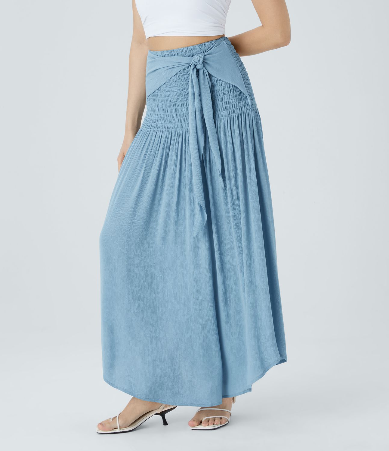 High Waist Shirring Tie Front Pleats Maxi Resort Skirt