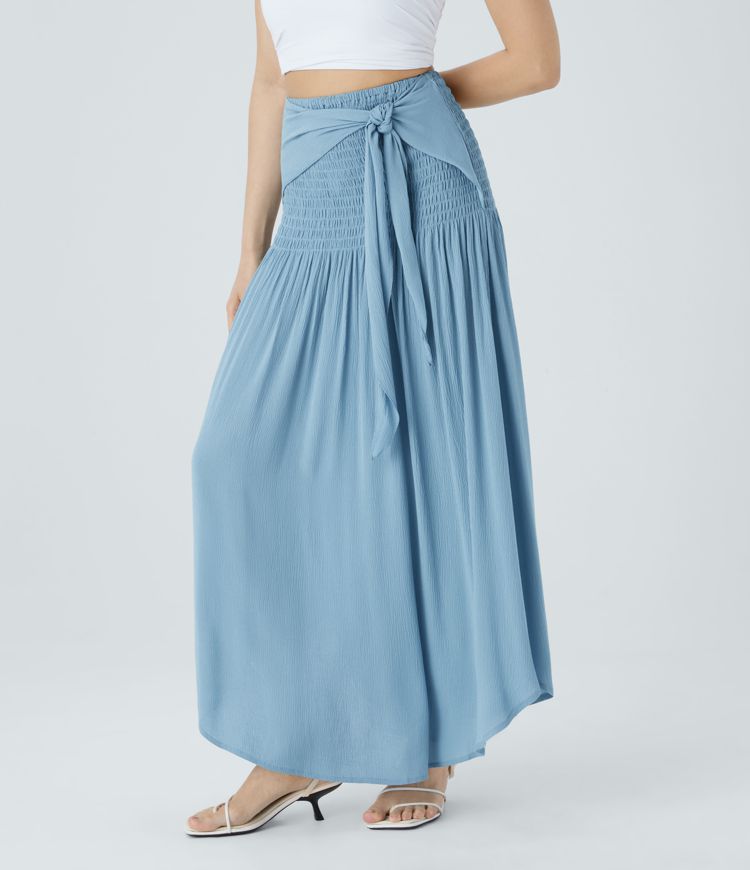 High Waist Shirring Tie Front Pleats Maxi Resort Skirt
