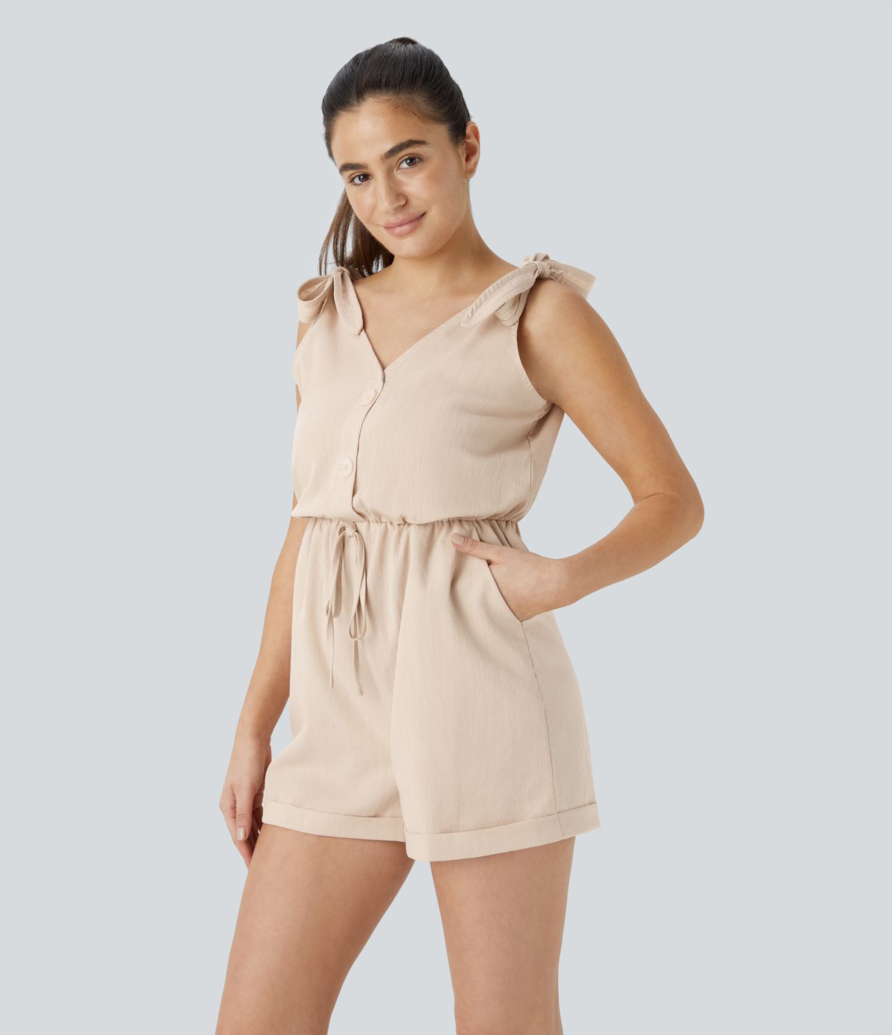 Decorative Drawstring Pocket Casual Linen-Feel Jumpsuit