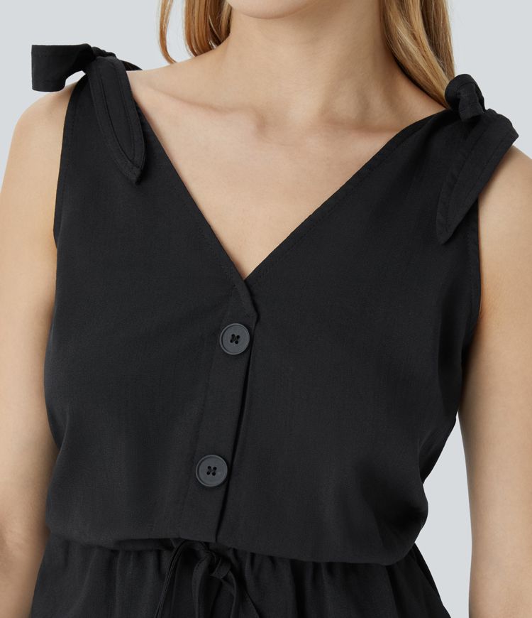 Combinaison Casual à Dos Nu avec Bretelle Ajustable Boutons Cordon de Serrage Décoratif et Poches Latérales en Tissu Effet Lin