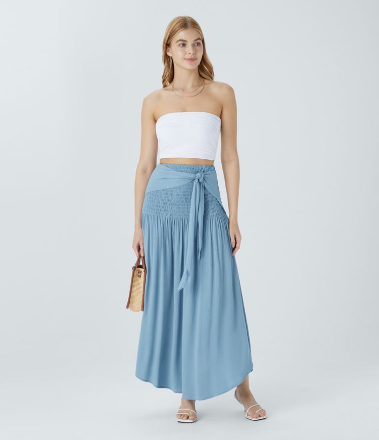 High Waist Shirring Tie Front Pleats Maxi Resort Skirt