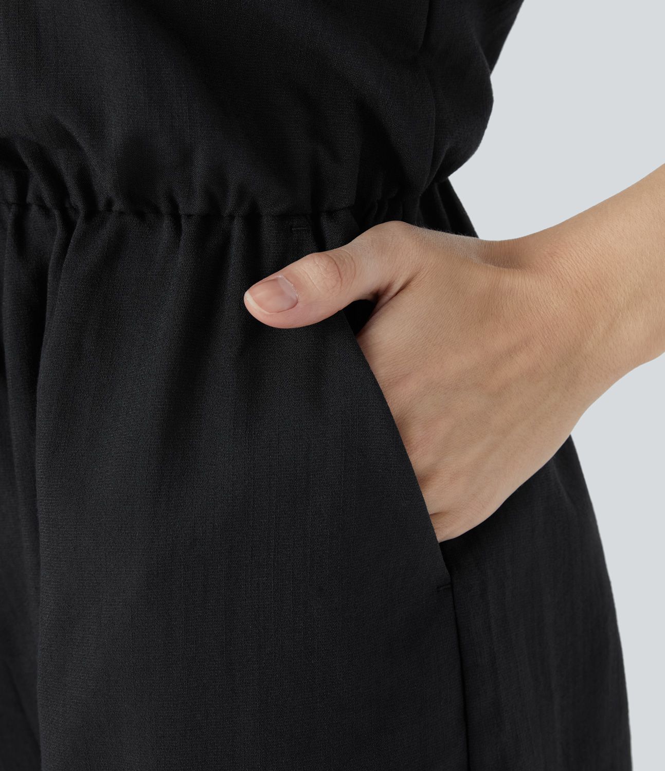 Combinaison Casual à Dos Nu avec Bretelle Ajustable Boutons Cordon de Serrage Décoratif et Poches Latérales en Tissu Effet Lin