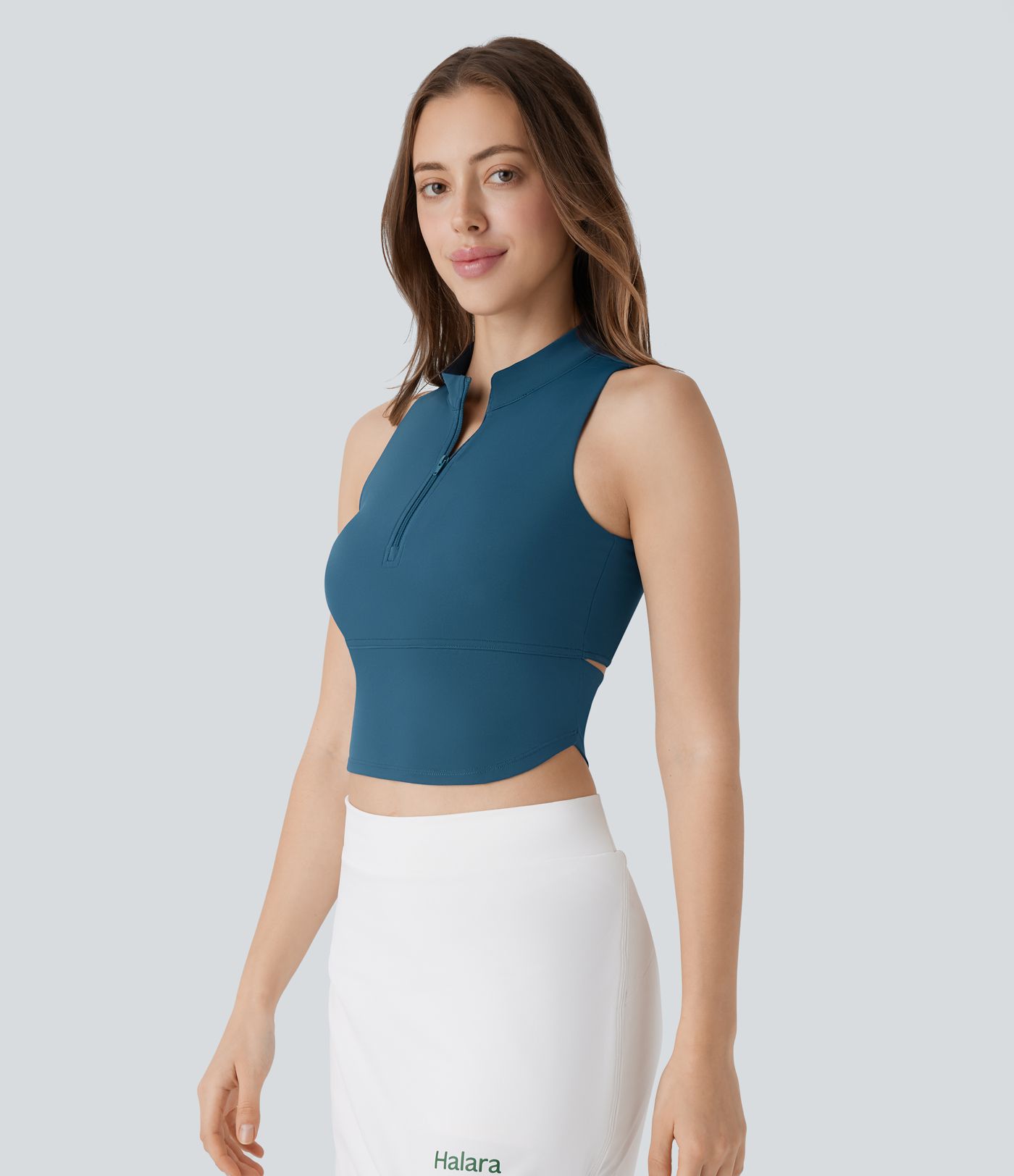 Softlyzero™ QuickDry Stand Collar Zipper Cut Out Curved Hem Skinny Cropped Golf Tank Vest Top
