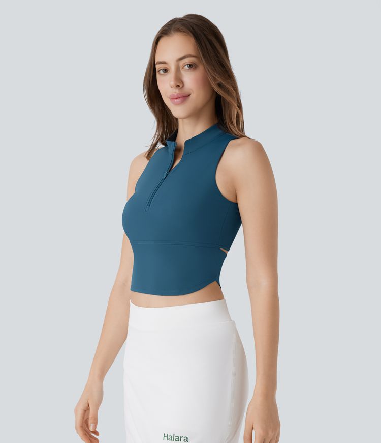 Softlyzero™ QuickDry Stand Collar Zipper Cut Out Curved Hem Skinny Cropped Golf Tank Vest Top