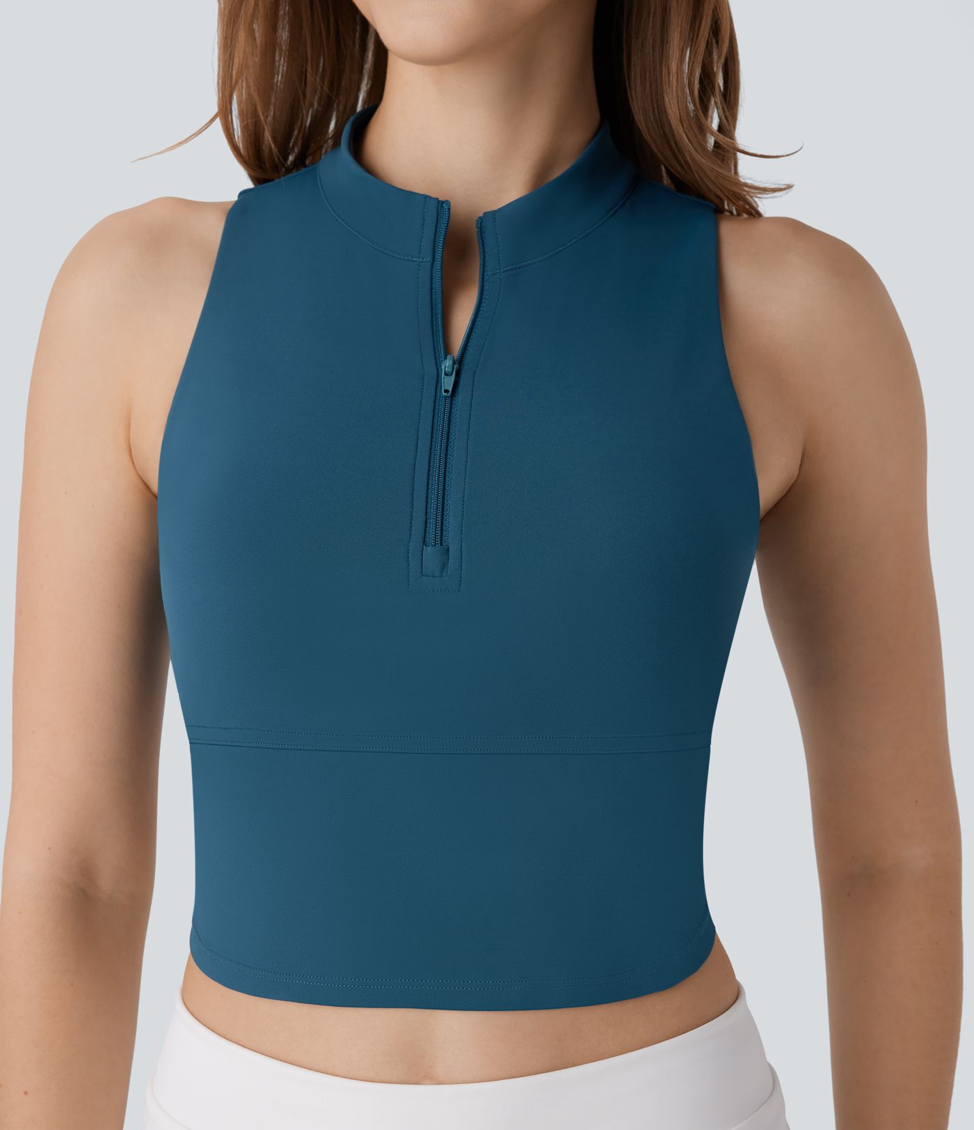 Softlyzero™ QuickDry Stand Collar Zipper Cut Out Curved Hem Skinny Cropped Golf Tank Vest Top