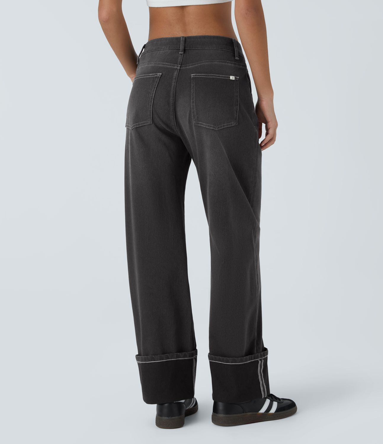 Halara Flex™ Low Rise Button Multiple Pockets Rolled Hem Washed Stretchy Knit Casual Boyfriend Jeans