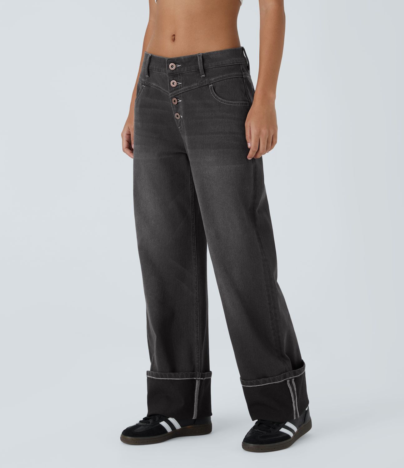 Halara Flex™ Low Rise Button Multiple Pockets Rolled Hem Washed Stretchy Knit Casual Boyfriend Jeans