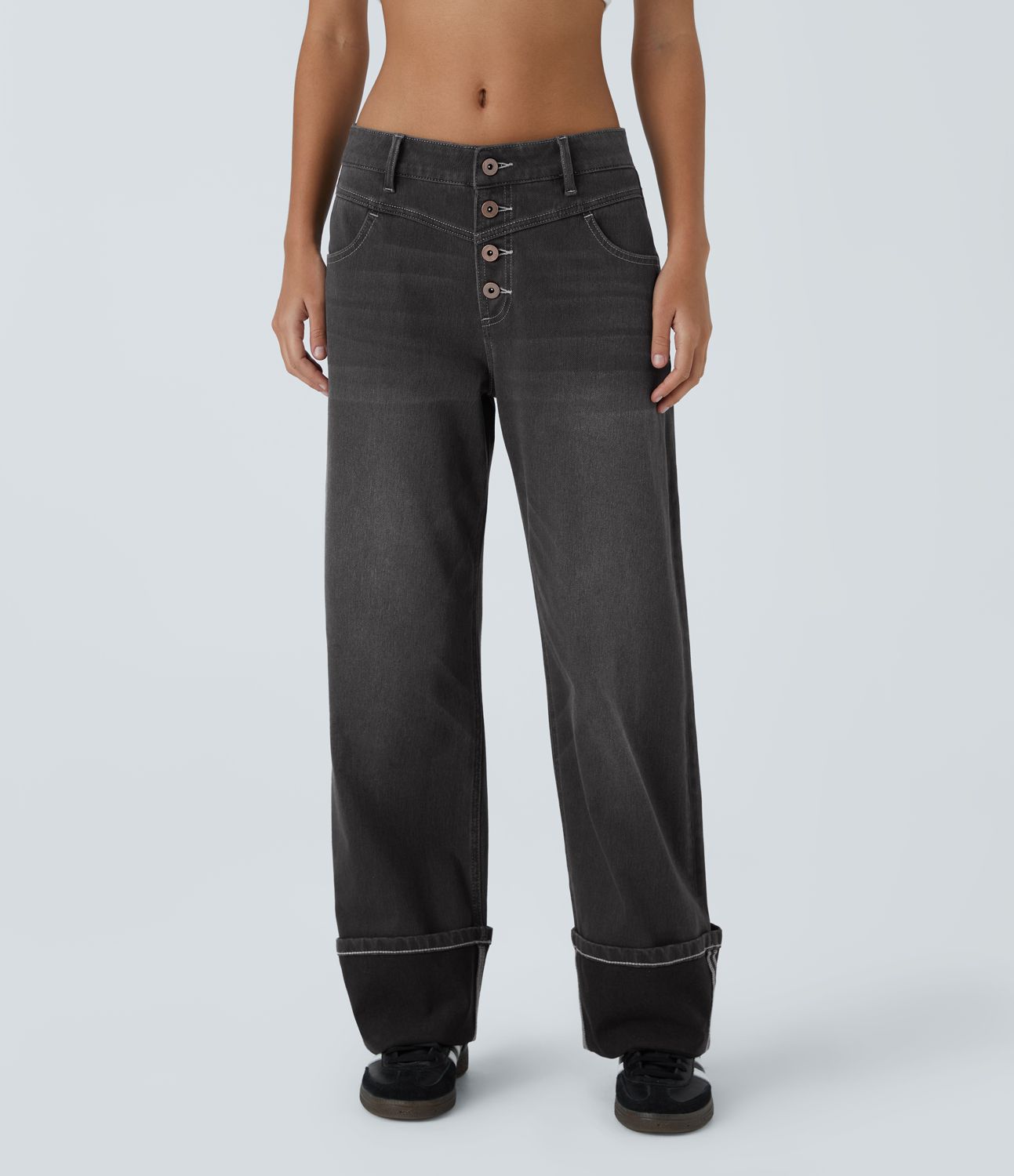 Halara Flex™ Low Rise Button Multiple Pockets Rolled Hem Washed Stretchy Knit Casual Boyfriend Jeans