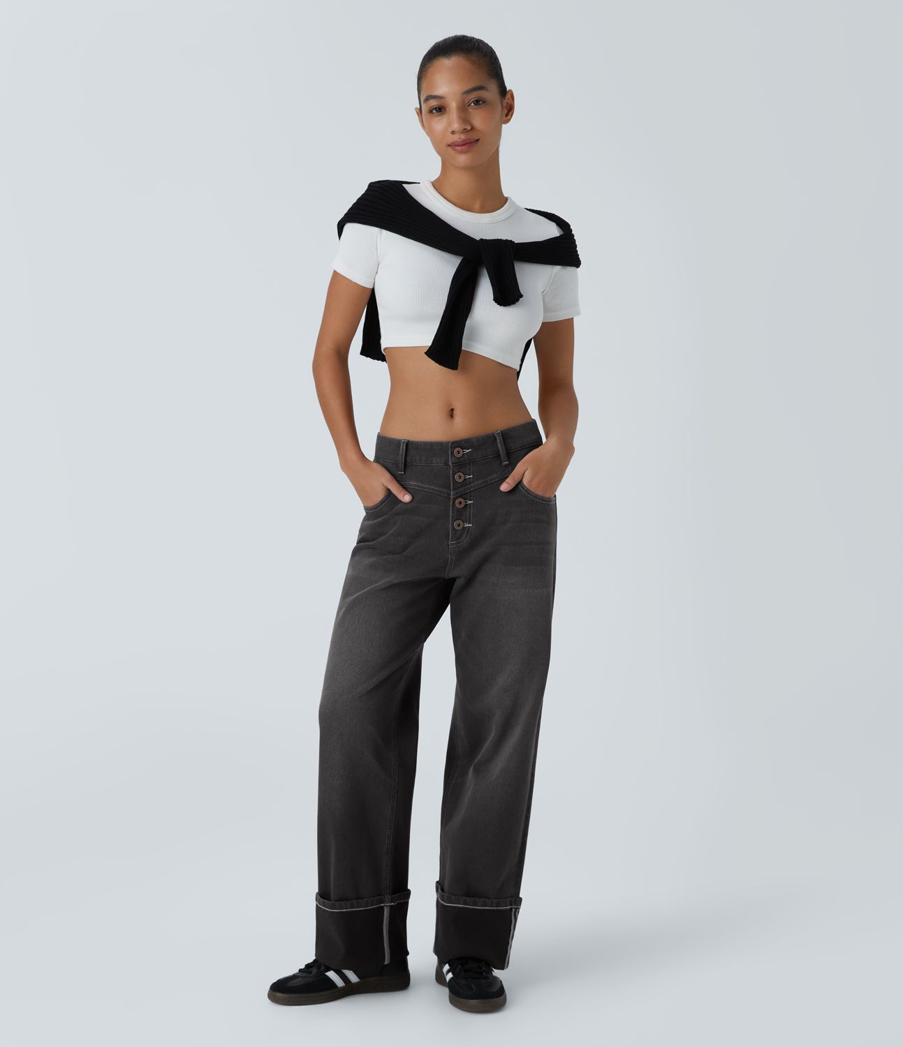 Halara Flex™ Low Rise Button Multiple Pockets Rolled Hem Washed Stretchy Knit Casual Boyfriend Jeans