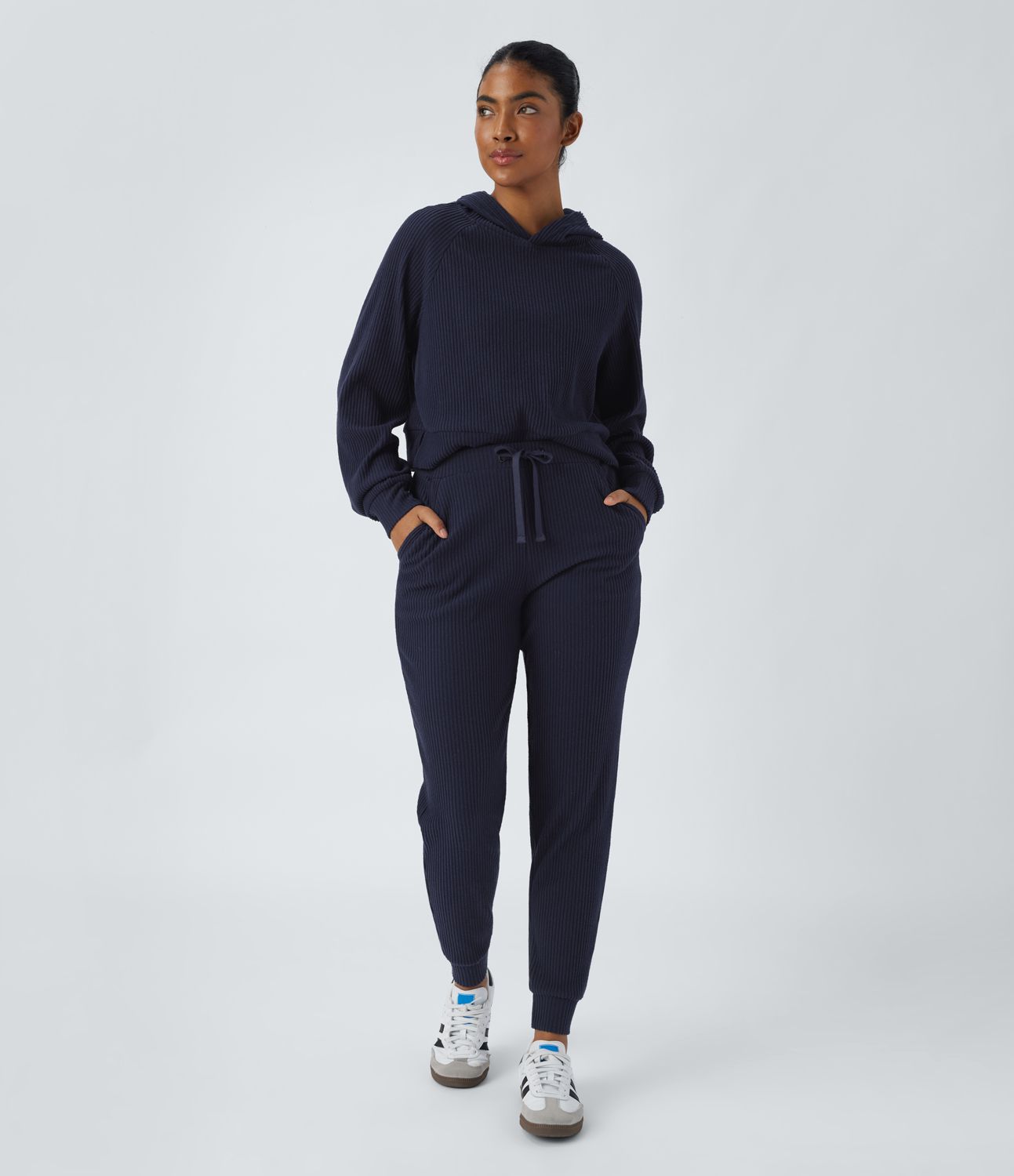 RIBBED KNIT HOOD LONG-SLEEVE SPLIT CASUAL SWEATSHIRT