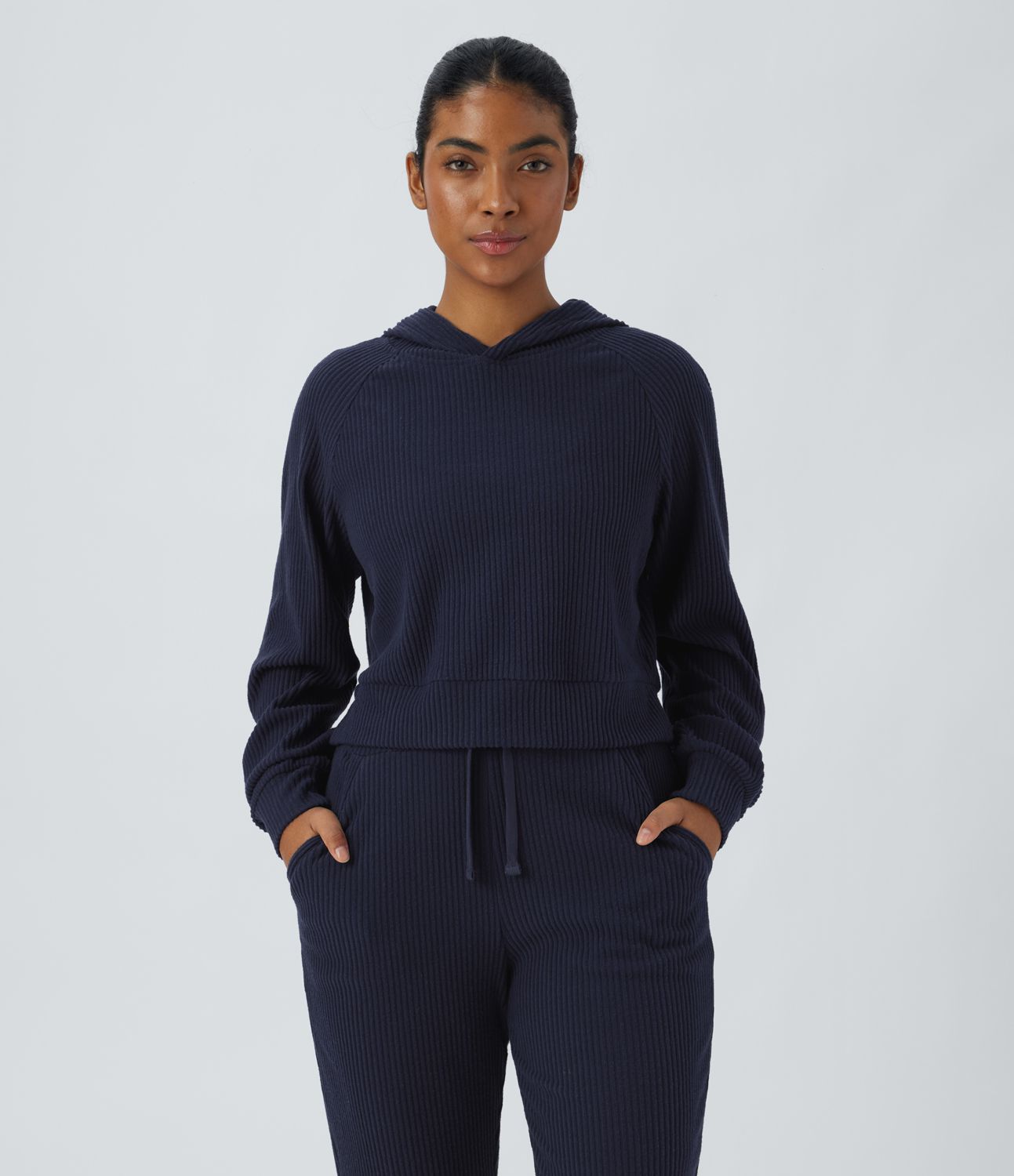 RIBBED KNIT HOOD LONG-SLEEVE SPLIT CASUAL SWEATSHIRT